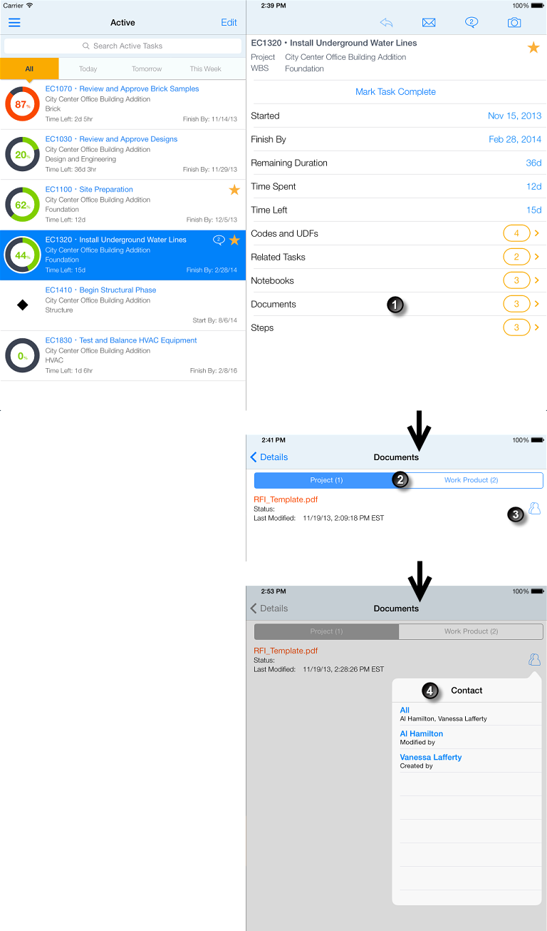 Steuerelemente und Indikatoren für die Arbeit mit Dokumenten in P6 Team Member. In der folgenden Tabelle werden alle beschrifteten Elemente erläutert.