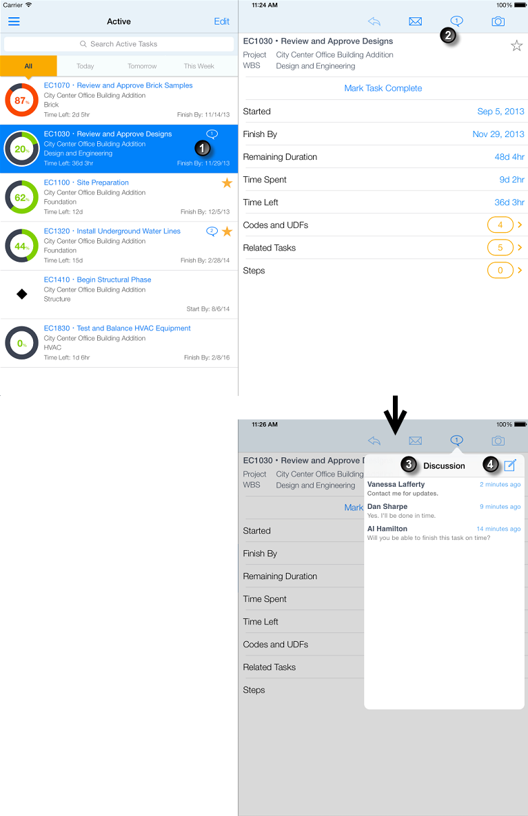 Steuerelemente und Indikatoren für die Arbeit mit Diskussionsfunktion in P6 Team Member. In der folgenden Tabelle werden alle beschrifteten Elemente erläutert.