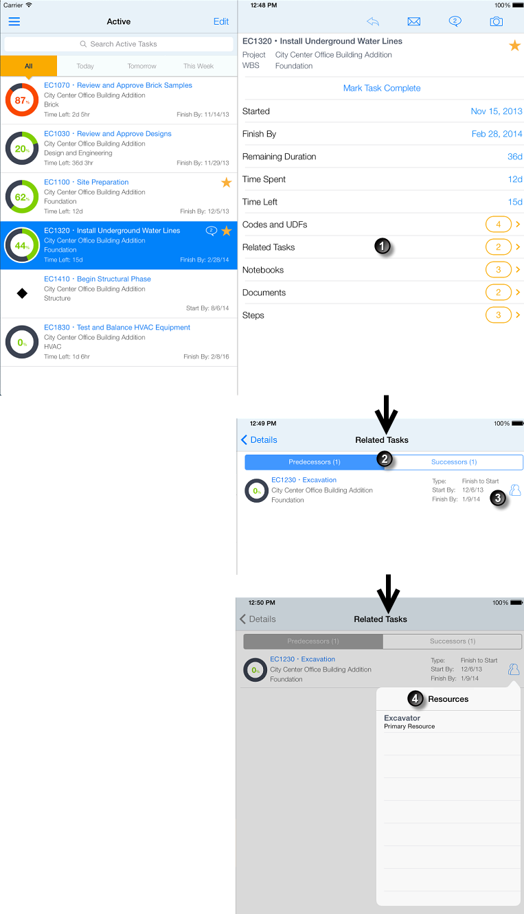 Steuerelemente und Indikatoren für die Arbeit mit zugeordneten Tasks in P6 Team Member. In der folgenden Tabelle werden alle beschrifteten Elemente erläutert.