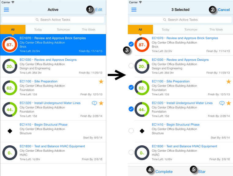 Hauptsteuerelemente und -indikatoren für die Arbeit mit mehreren Tasks im Bearbeitungsmodus. In der folgenden Tabelle werden alle beschrifteten Elemente erläutert.