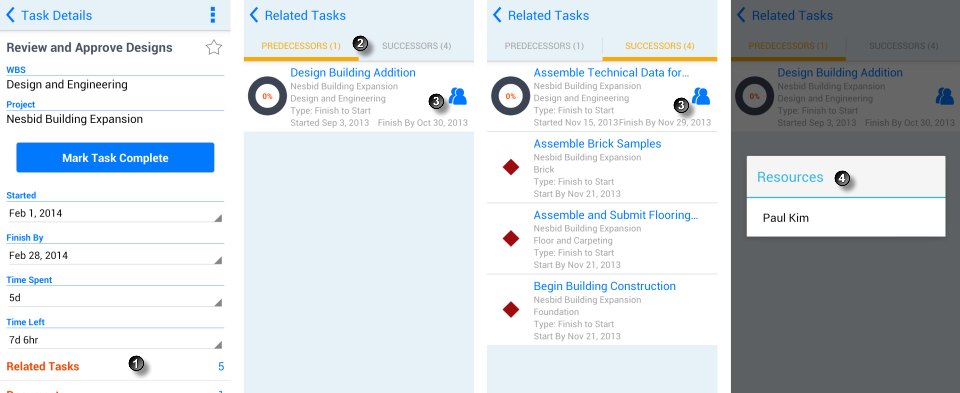 Steuerelemente und Indikatoren für die Arbeit mit zugeordneten Tasks. In der folgenden Tabelle werden alle beschrifteten Elemente erläutert.