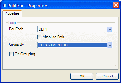 部門の繰返しグループの「BI Publisherのプロパティ」ダイアログ