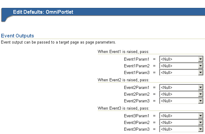 OmniPortletウィザードの「イベント」タブを示します。