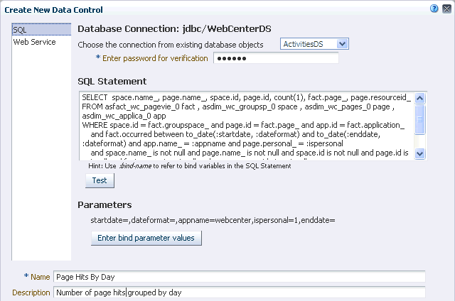 WebCenter Spacesの「SQLデータ・コントロールの作成」ダイアログ