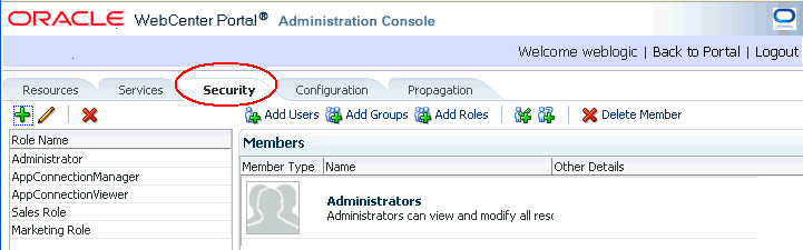 WebCenter Portal管理コンソール: 「セキュリティ」タブ