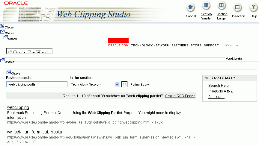 Web Clipping Studioに表示されたOTNページの「選択」リンク