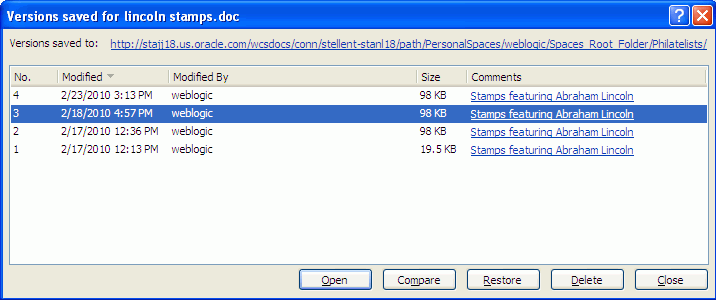 Office 2007での現在のファイルのバージョン履歴