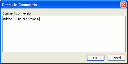 「チェックイン・コメント」ダイアログ(Microsoft Office 2003)