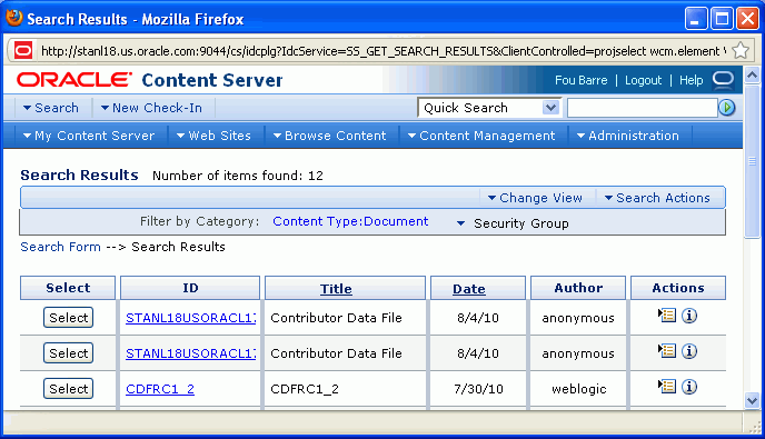 Oracle Content Server: 「検索結果」