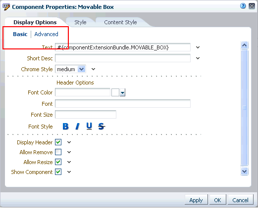 移動可能ボックスの表示オプション