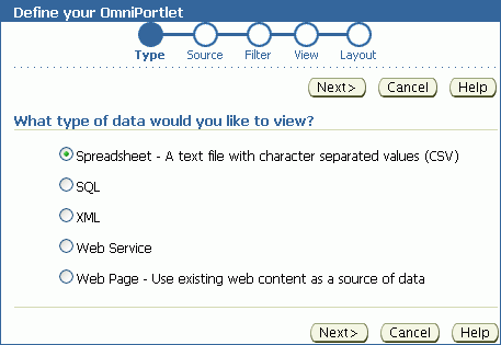 OmniPortletの「タイプ」タブを表示します。