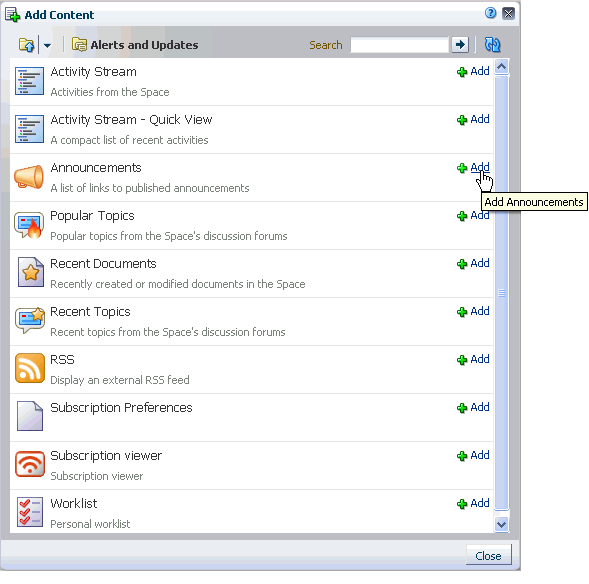 リソース・カタログの「追加」リンク