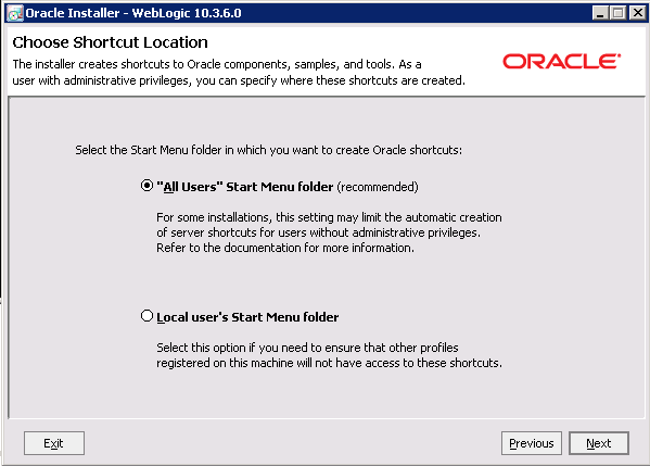 WebLogic Serverインストール: 「ショートカットの場所の選択」ページ