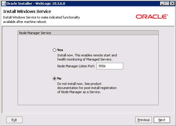 WebLogic Serverインストール: 「Windowsサービスのインストール」ページ