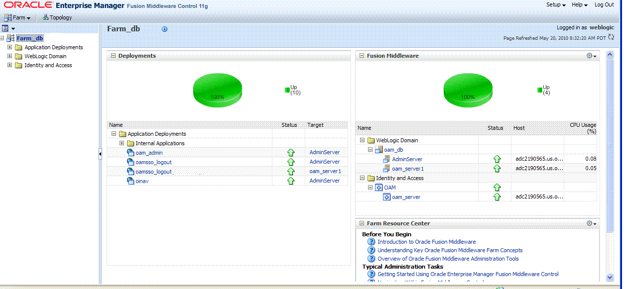 Fusion Middleware ControlのOAM「ファーム」ページ