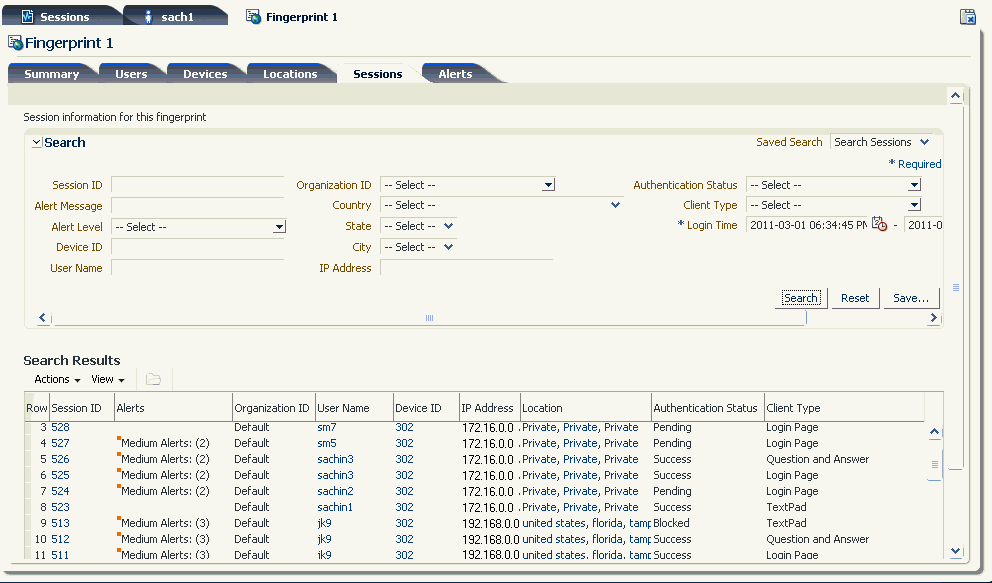 フィンガープリント詳細の「セッション」タブが示されています。