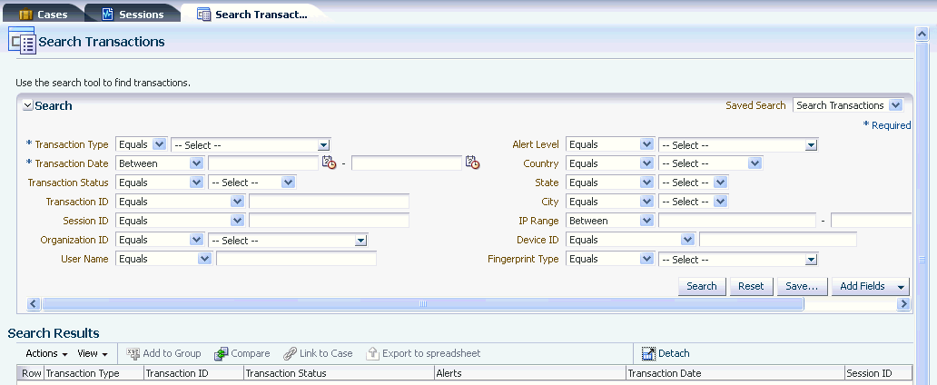 トランザクション検索ページを示しています。