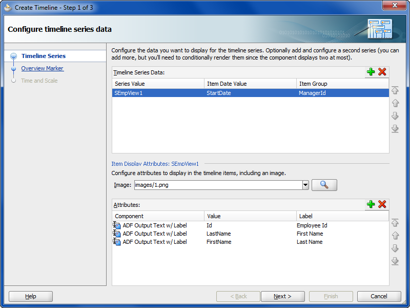 Configure Timeline Series Data Page of wizard