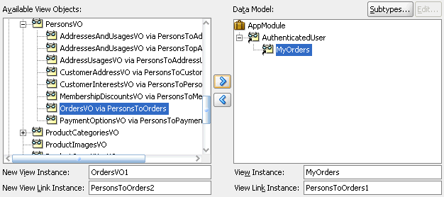 Data Model page of Create Application Module wizard.