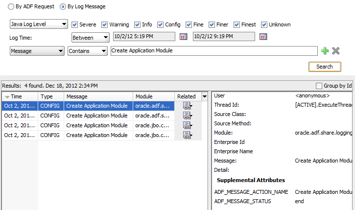 Log analyzer displays ADF event messages