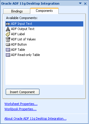 作業ウィンドウのADFコンポーネント・パレット