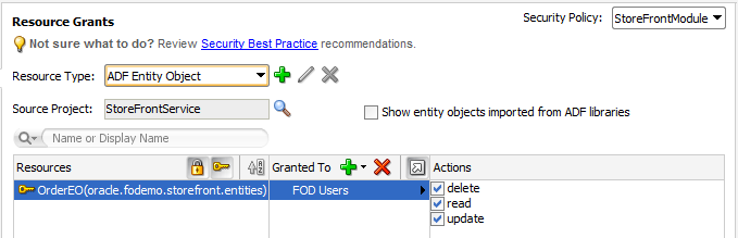 ADFポリシー・エディタでのエンティティ・オブジェクトの権限付与