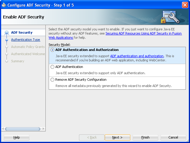 ADFセキュリティ・ウィザードの最初のページ