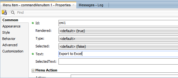 プロパティ・インスペクタでTextプロパティをExport to Excelに設定