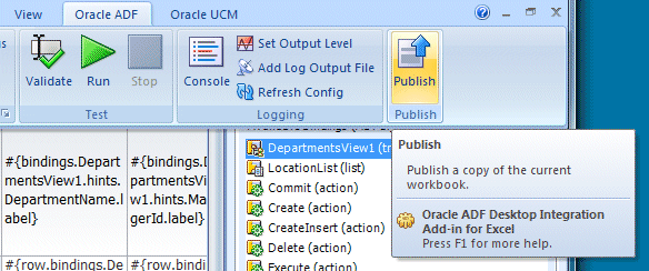 Excelリボンに表示されたOracle ADFタブ
