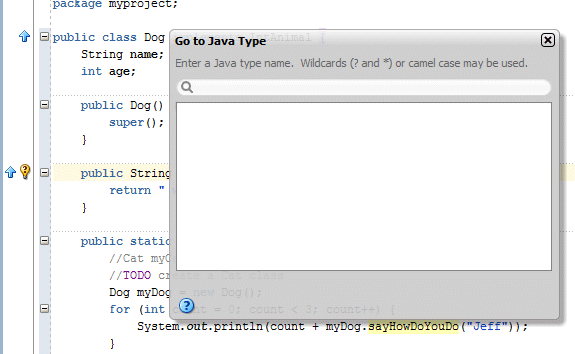 ソース・エディタ上に重ねて表示された小さい'Go to Java Type'ウィンドウ。