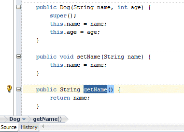 コード内のgetNameメソッドを表示したソース・エディタ。