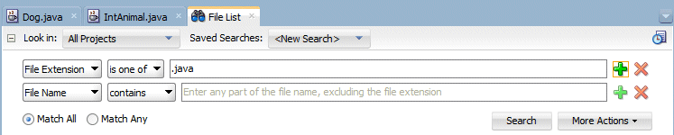 File Listタブ：緑色の+を使用して検索条件を追加。