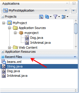 Recently Opened Filesアコーディオンを開いたアプリケーション・ナビゲータ：Dog.javaファイルとIntAnimal.javaファイルの表示。