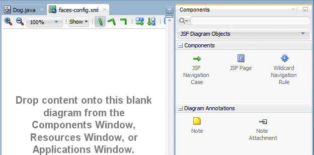 ページ・フロー・ダイアグラムの左側のコンポーネント・パレット：ページ・フロー・ダイアグラムで使用できるコンポーネントを表示。