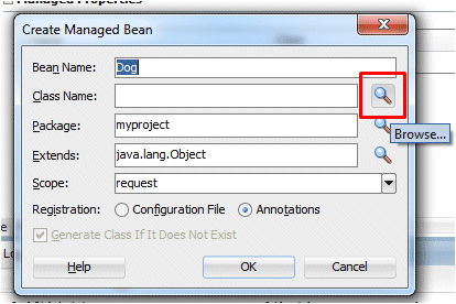 Bean名としてDogを指定したCreate Managed Beanダイアログ：Class Nameフィールドの横のBrowseボタン上にあるカーソル。