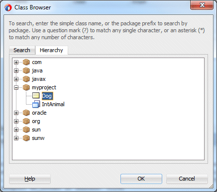 Hierarchyタブを選択したClass Browser：myprojectノードを開いてDogを選択。