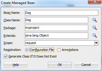 Configuration Fileラジオ・ボタンを選択したCreate Managed Beanダイアログ。
