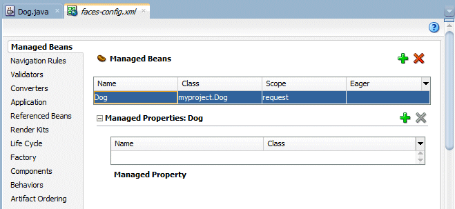 作成されたマネージドBeanのDogを表示した、Overviewタブ内のManaged Beanタブ。