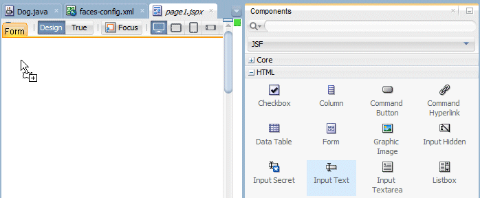 右側にコンポーネント・パレットの表示されたpage1.jspxタブ：Input Textコンポーネントの選択とページへのコンポーネントのドラッグ。