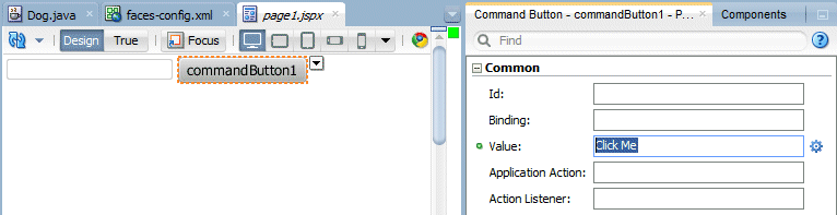 2つのコンポーネントを配置したpage1.jspx：commandButtonの選択、右側のプロパティ・インスペクタでValueプロパティにClick Meを表示。