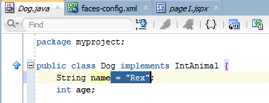 String name =というコードを表示したDog.javaのソース・エディタ。 