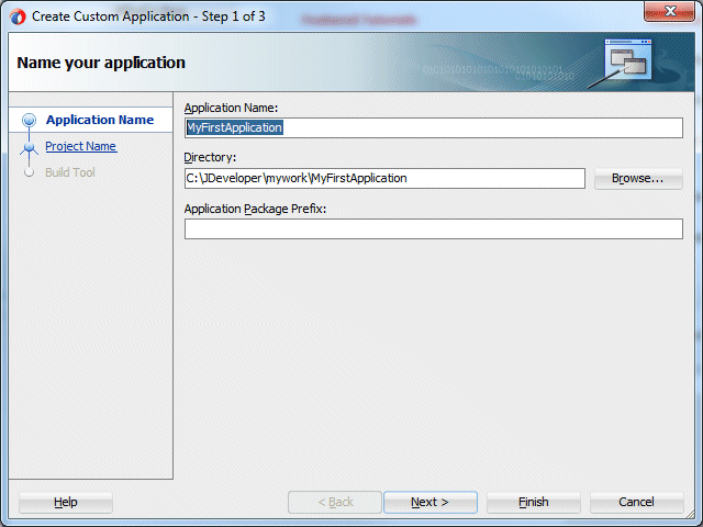 Create Custom Appウィザードの１ページ目、NameフィールドにMyFirstApplicationを指定。
