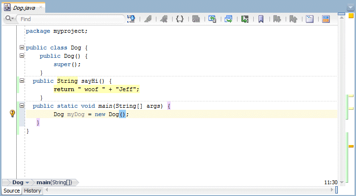 ソース・エディタ：mainメソッドに追加するDogオブジェクトを作成するコード。