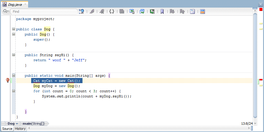 ソース・エディタ：mainメソッド内のCatオブジェクト作成コード。
