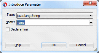 Nameフィールドに'name'を指定したIntroduce Parameterダイアログ。