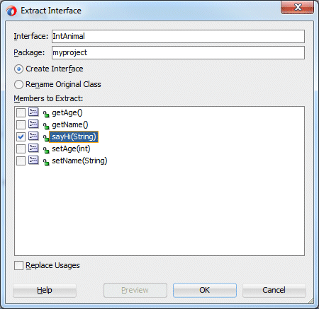 Extract Interfaceダイアログ： InterfaceフィールドにIntAnimalを入力、メソッド・リスト内のsayHi(String)のボックスをチェック。