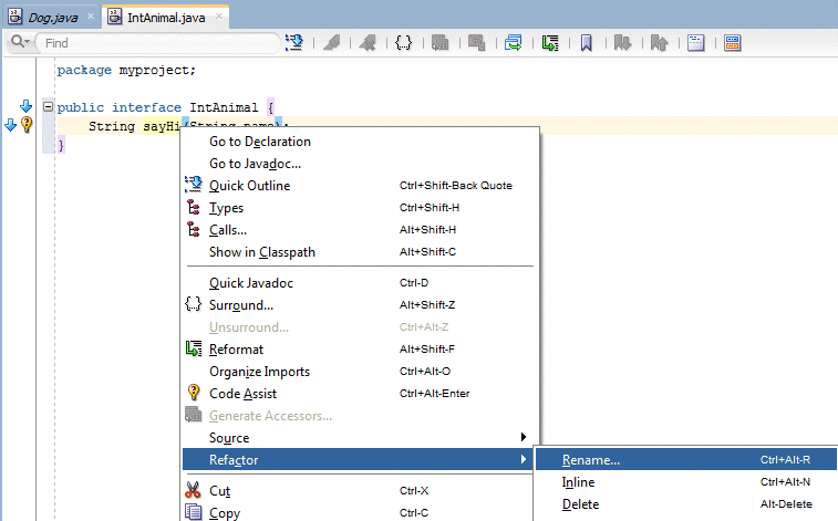 ソース・エディタのIntAnimalコンテキスト・メニュー： Refactor→Renameの選択。