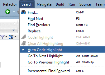 メイン・メニュー・バーのSearchメニュー・オプションを選択： オプション・リストからAuto Code Highlightメニュー項目を選択。