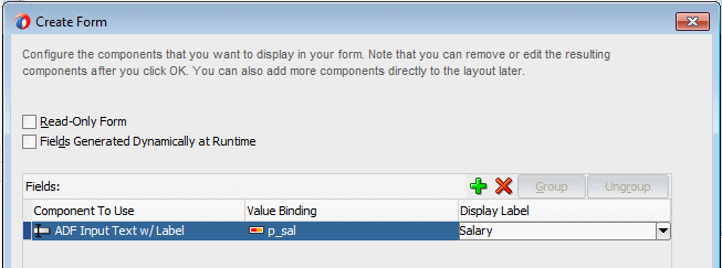 Create FormダイアログのFields