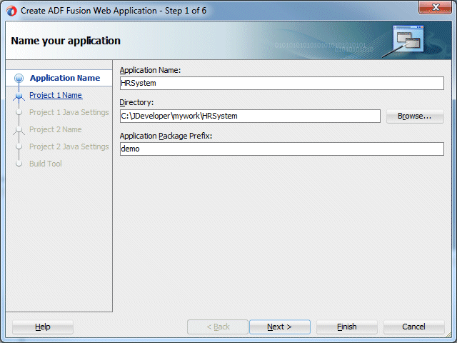 Create ADF Fusion Web Applicationウィザードのページ1で、NameフィールドにHRSystemと入力